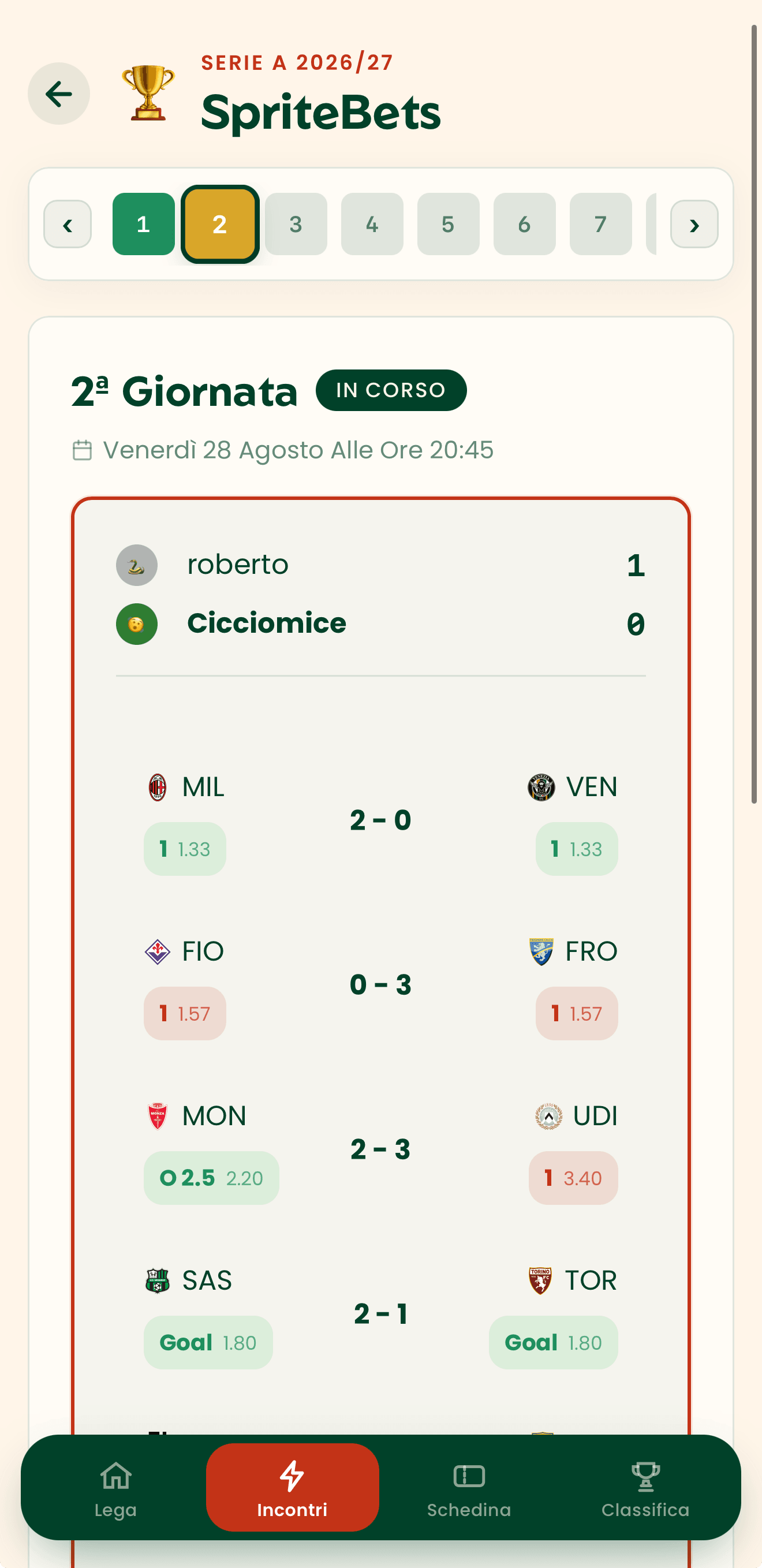 Schermata dell'app con il tuo scontro diretto di giornata: i pronostici azzeccati diventano verdi, quelli sbagliati rossi.