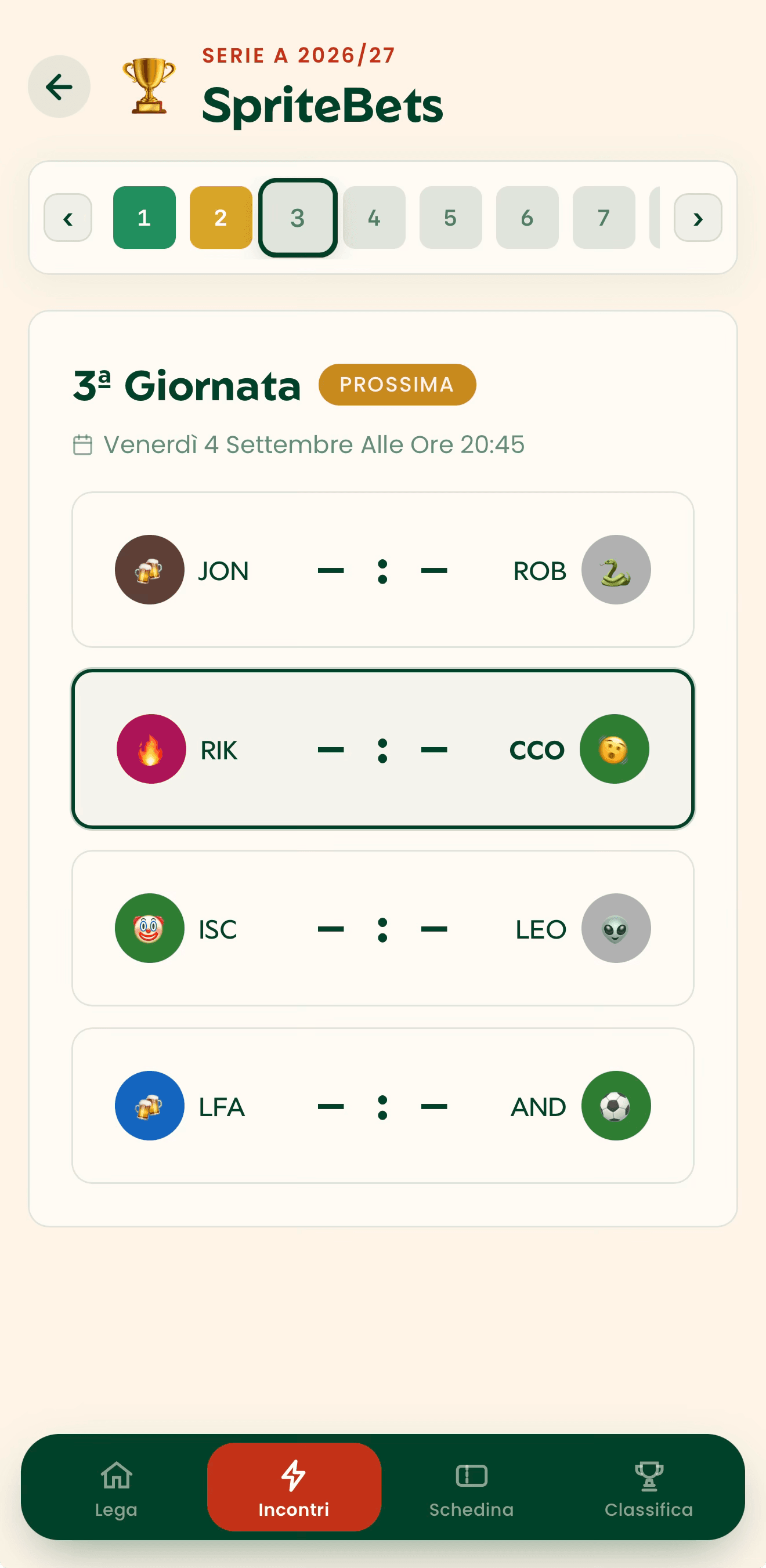Schermata dell'app con il calendario generato: gli scontri diretti della giornata.