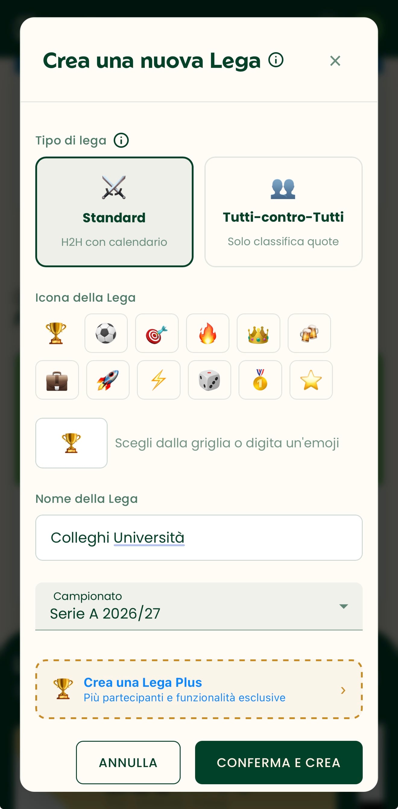 Schermata dell'app per creare una nuova lega: scelta del tipo, dell'icona, del nome e del campionato.