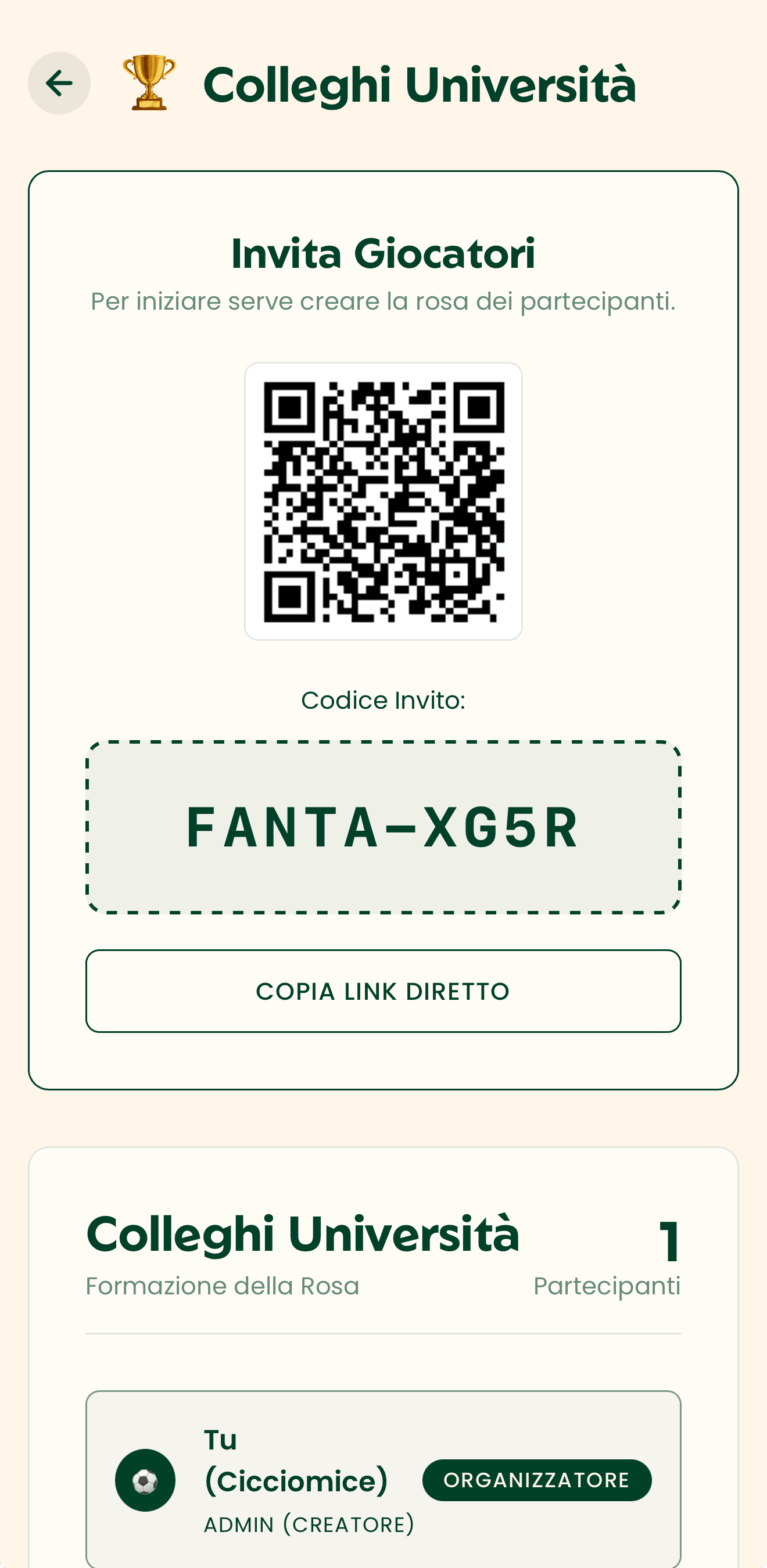 Schermata dell'app con il codice invito e il QR code da condividere per aggiungere gli amici alla lega.