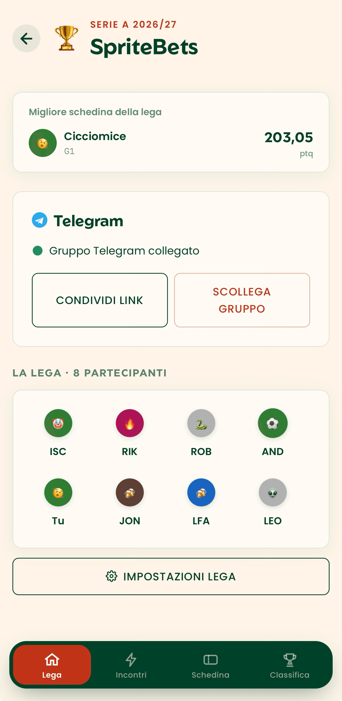 Schermata dell'app con la home della lega: partecipanti, gruppo Telegram e impostazioni.