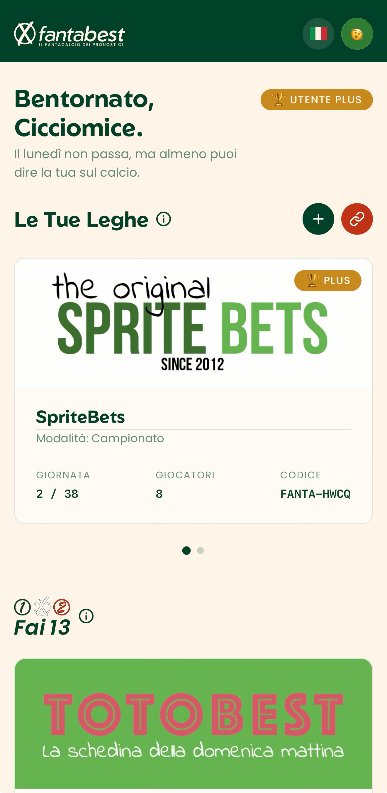 Schermata dell'app Fanta Best con l'elenco delle tue leghe e la prossima giornata da giocare.