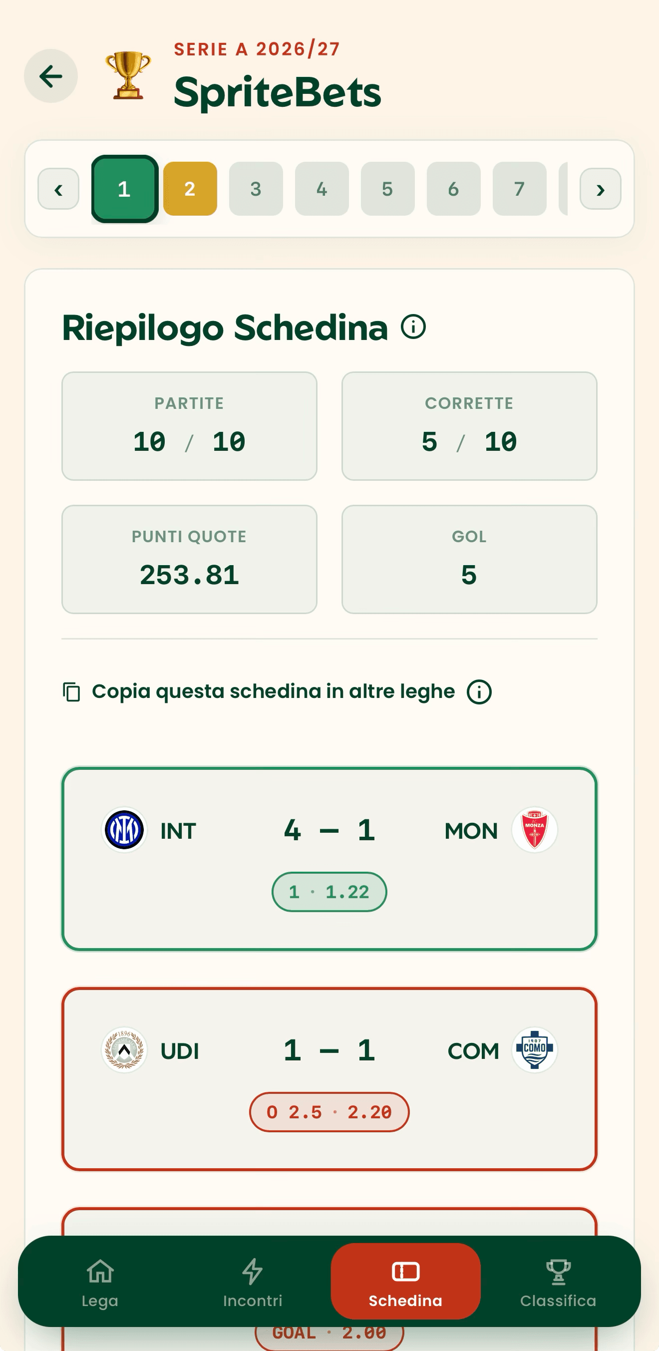 Schermata dell'app con il riepilogo della tua schedina: partite indovinate, punti quote e gol.