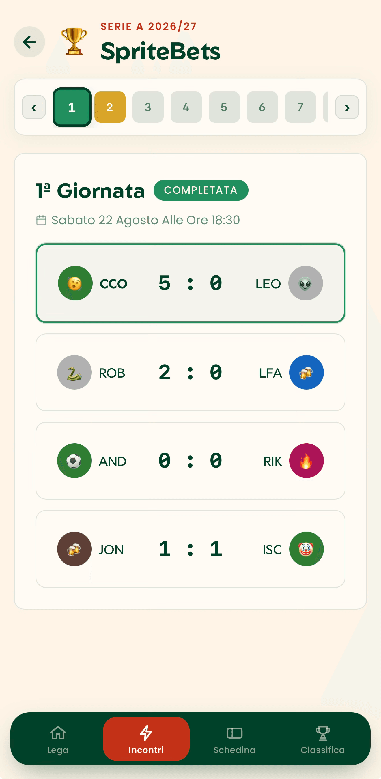 Schermata dell'app con i risultati di tutti gli scontri diretti della giornata.