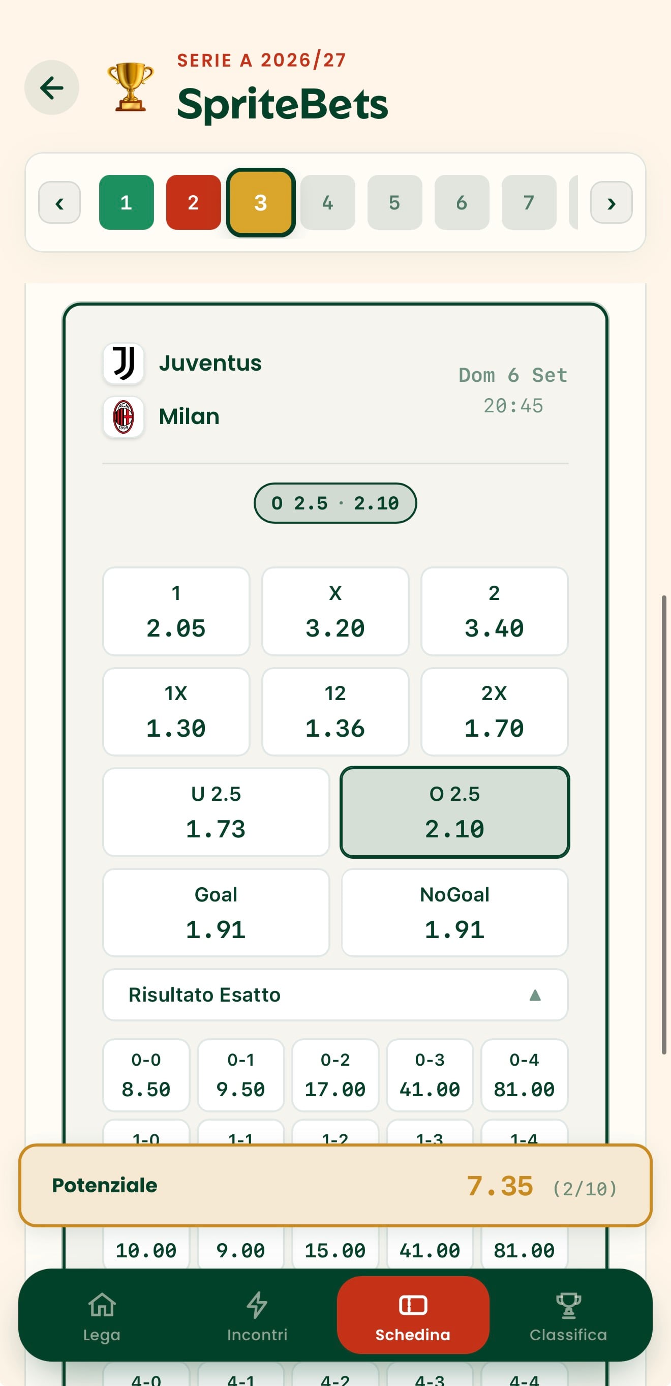 Schermata dell'app con la griglia dei Risultati Esatti e le relative quote.