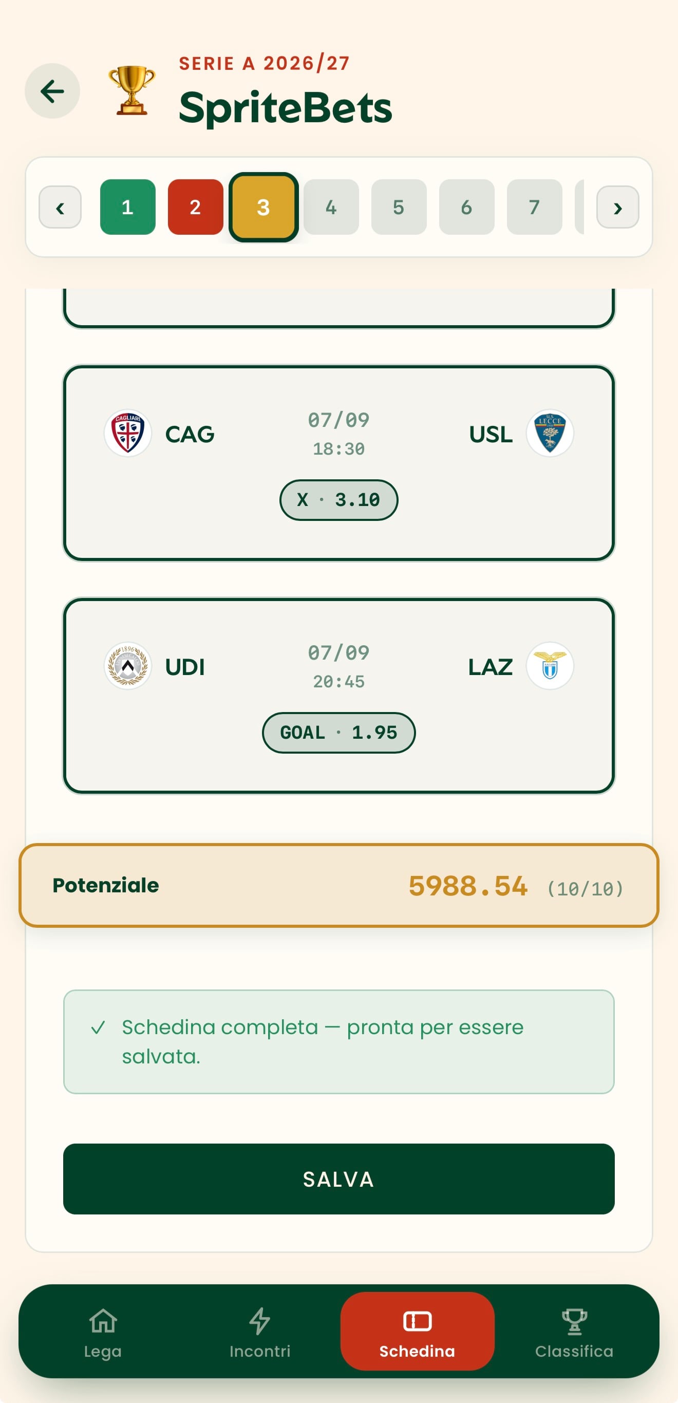 Schermata dell'app con la schedina completa, pronta per essere salvata.