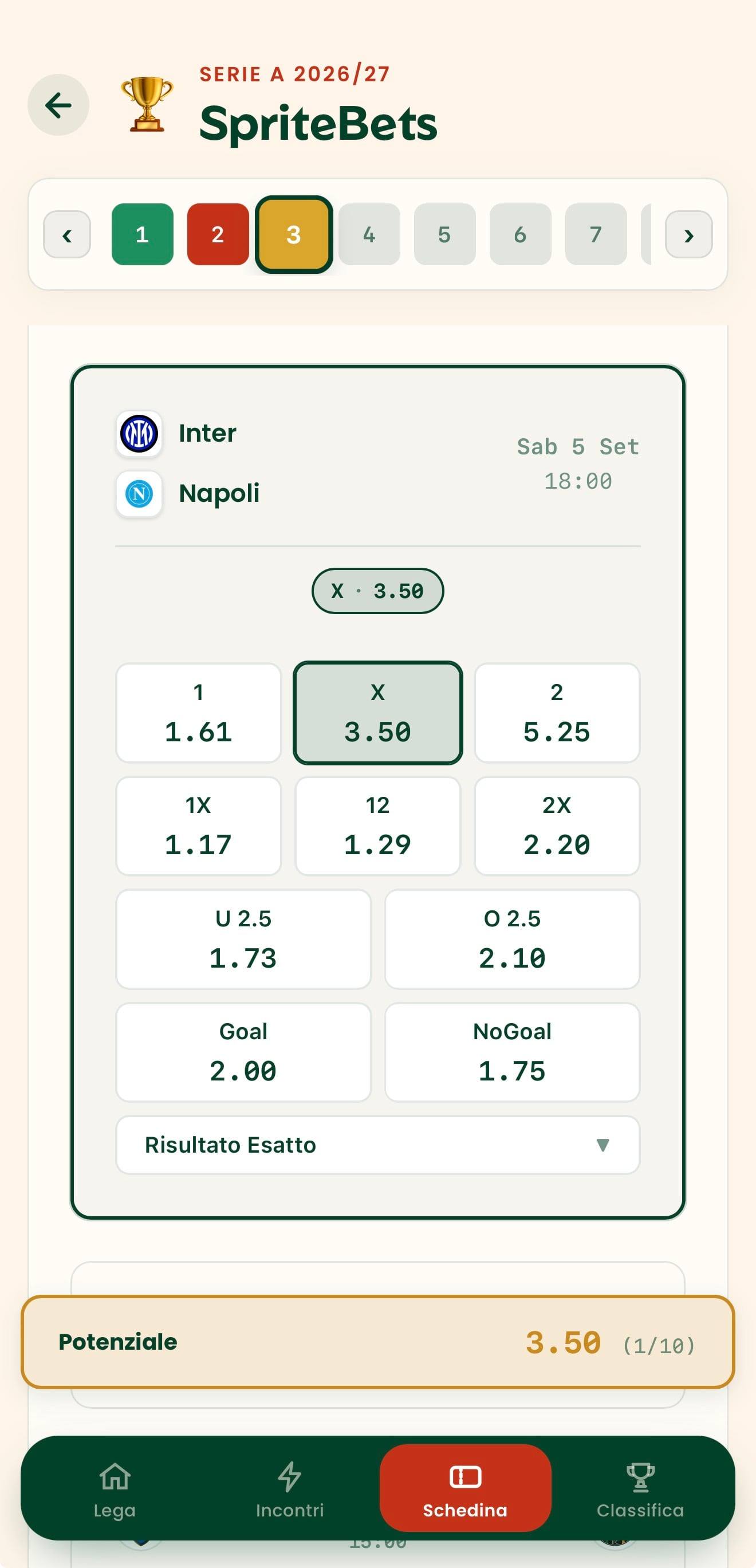 Schermata dell'app con i pronostici per una partita: 1, X, 2, doppia chance, Over/Under, Gol/No Gol.