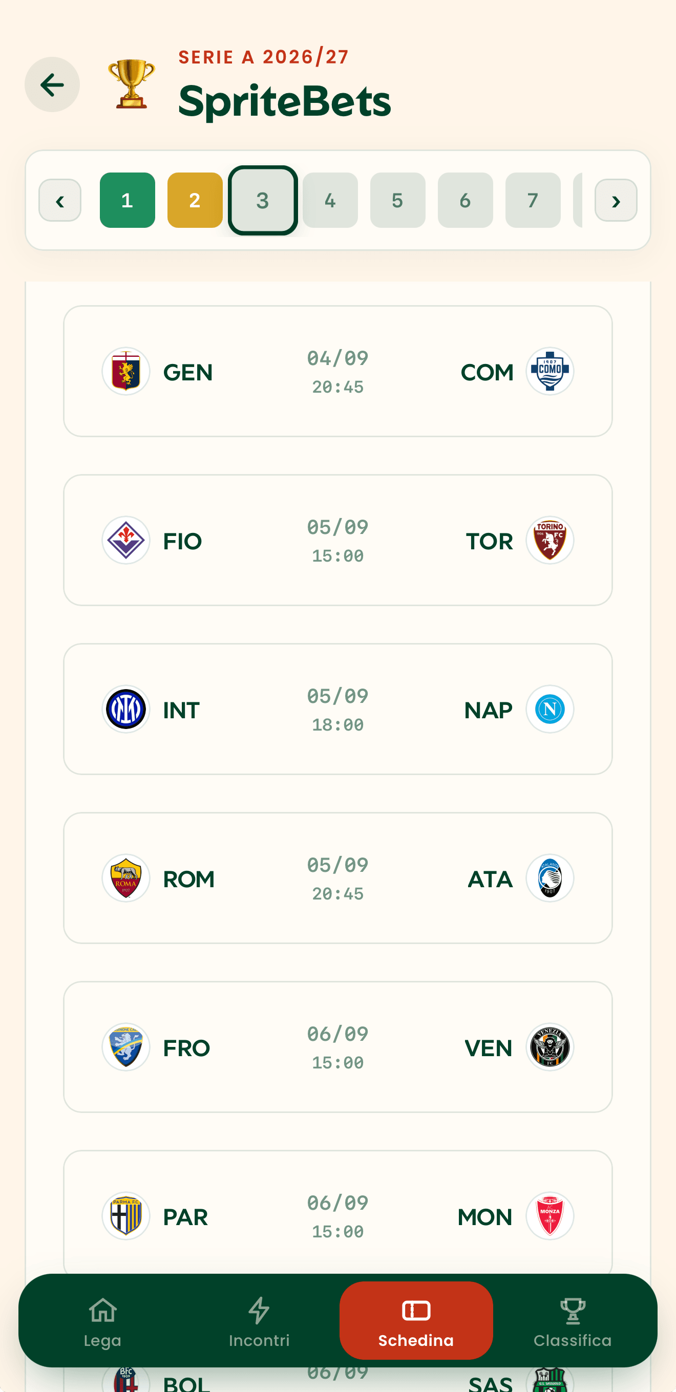 Schermata dell'app con le partite della giornata da pronosticare nella schedina della lega.